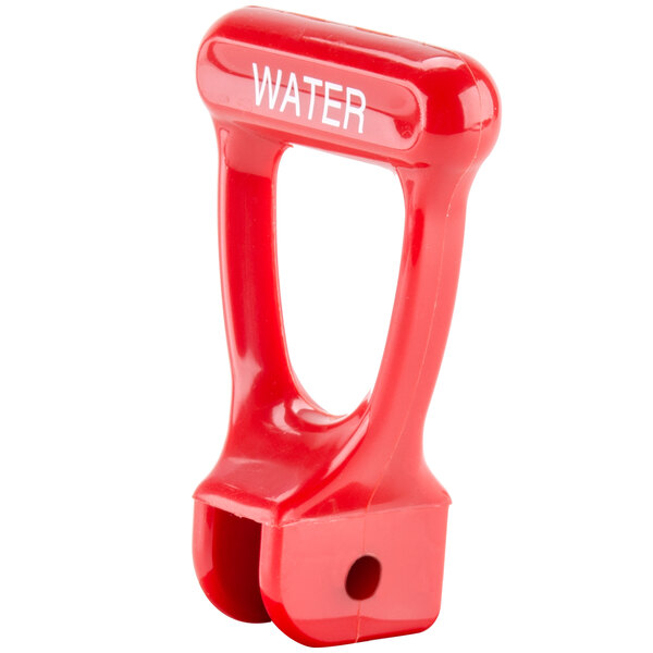 A red plastic Bunn water faucet handle with white text.