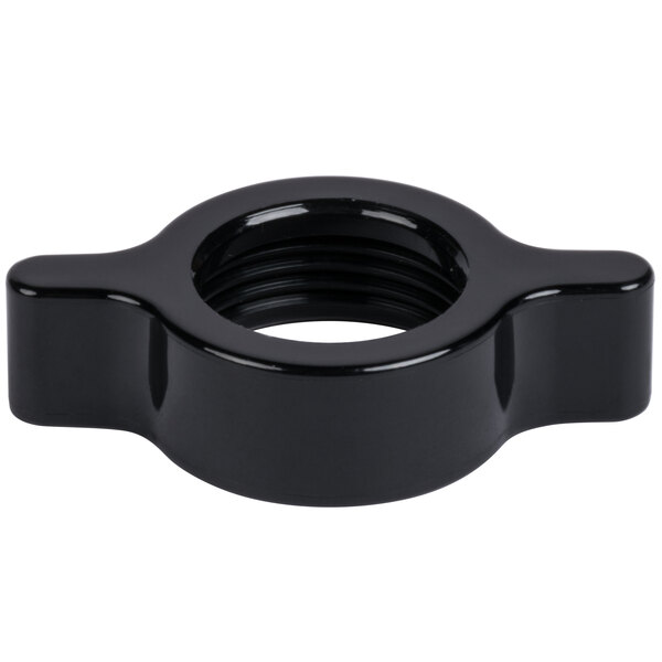A black plastic round wing nut with a hole.