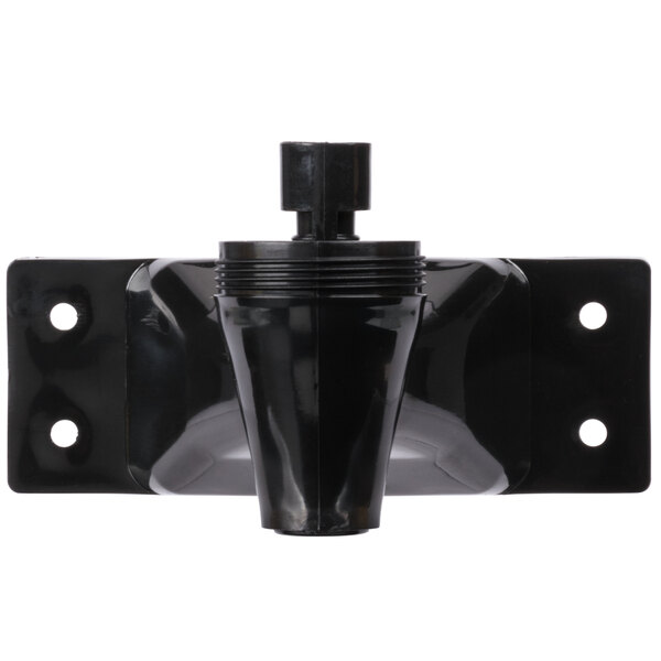 A black plastic faucet with a black cap and a metal object with holes.