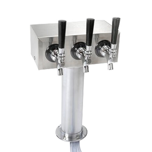 A stainless steel True 3 tap tower with black handles.