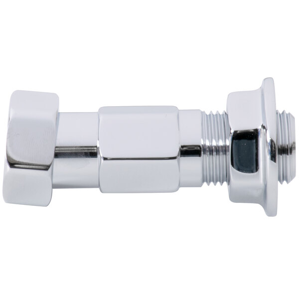 A chrome plated metal pipe fitting with a silver pipe.