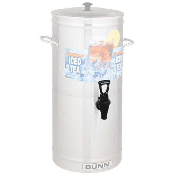 A Bunn iced tea dispenser faucet assembly with a black handle.