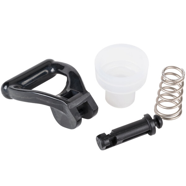 A Bunn black plastic faucet repair kit with a black plastic nub handle and spring.