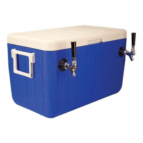 A blue and white Micro Matic jockey box with two beer taps.