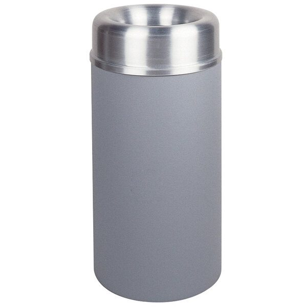 A grey Rubbermaid Crowne decorative trash can with a silver aluminum lid.