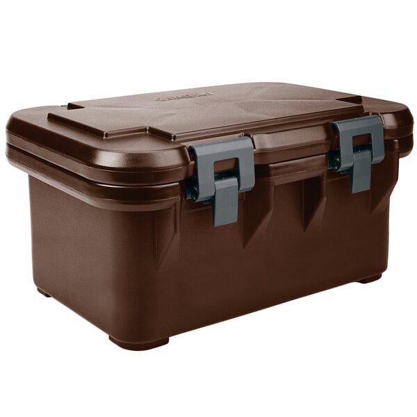 A dark brown plastic box with grey handles.
