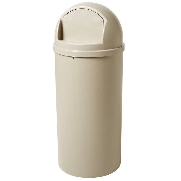 A tan Rubbermaid round trash can with a lid.