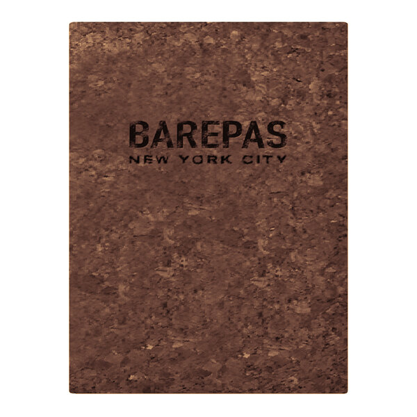 A brown cork menu cover with black text.