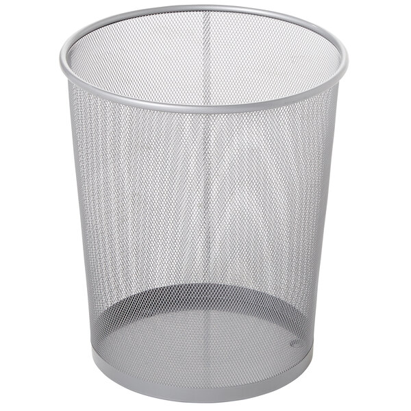 A close-up of a Rubbermaid silver mesh steel wastebasket.