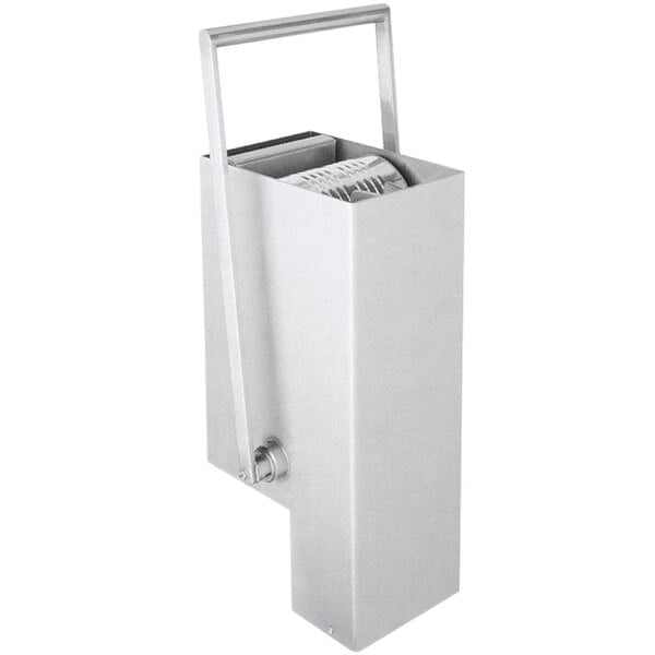 A stainless steel Edlund CM1000 Tabletop Can Crusher in a silver box with a handle.