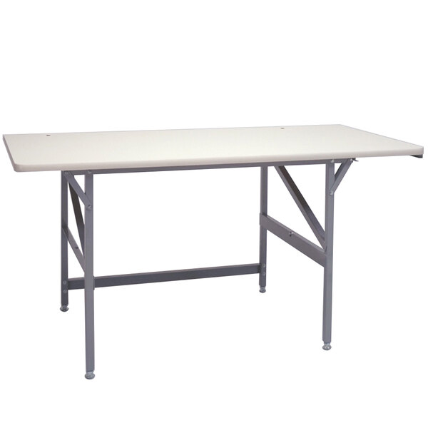 A white rectangular Bulman packing table with silver metal legs.