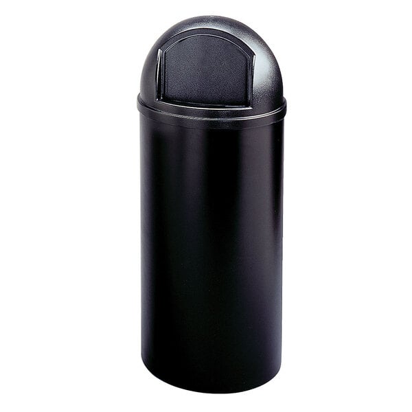 A black Rubbermaid Marshal Classic trash can with a lid.