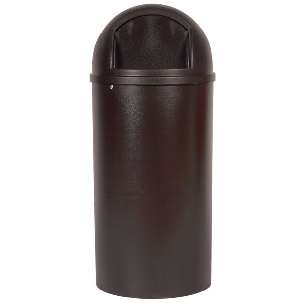 A brown Rubbermaid round resin waste receptacle with a lid.