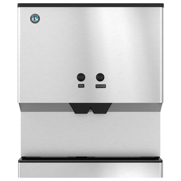 A silver metal Hoshizaki countertop ice and water dispenser with two black buttons.