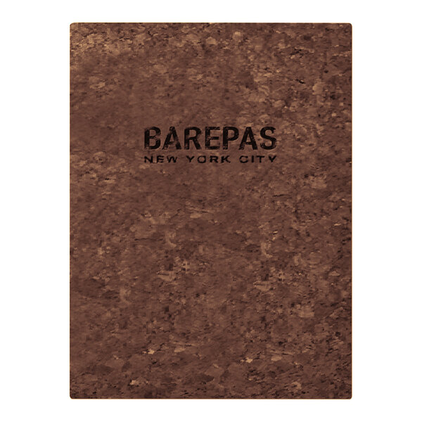 A brown cork menu cover with black text.