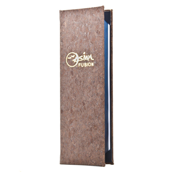 A brown rectangular customizable dark cork Menu Solutions menu cover.