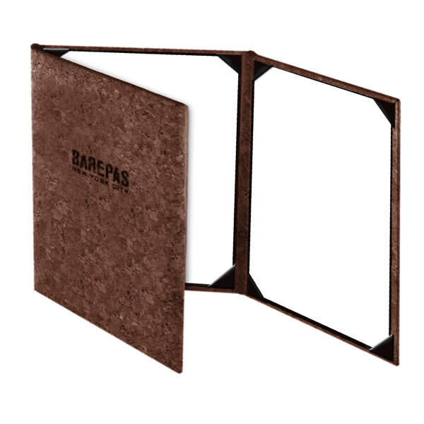 A brown cork menu cover for Menu Solutions with a white cover.