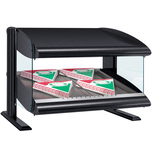 A black Hatco countertop display case with pizza boxes inside.