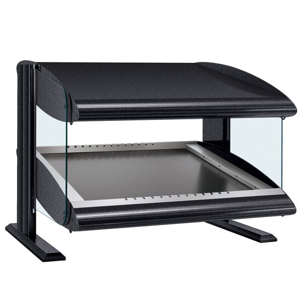 A black rectangular Hatco food warmer with a glass top.