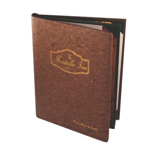 A brown Menu Solutions cork menu book with gold logo.