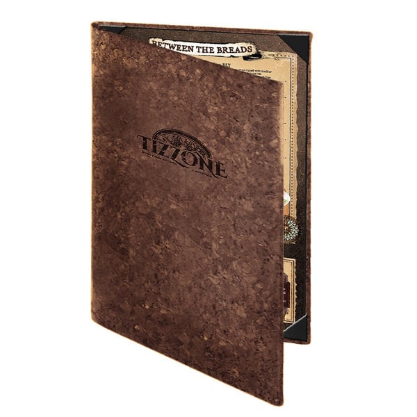 A brown Menu Solutions dark cork menu cover with a customizable front.