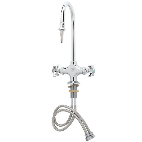 A T&S chrome deck mounted laboratory faucet with flex inlets and a rigid gooseneck nozzle.
