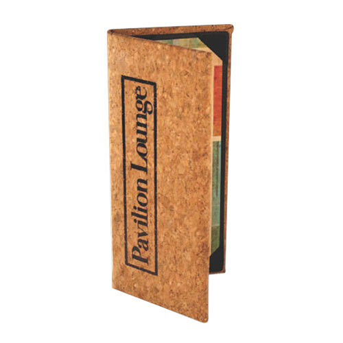 A cork menu cover with a book inside.