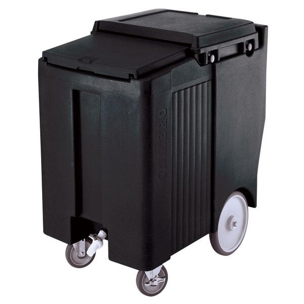 A black Cambro mobile ice bin with a sliding lid and wheels.