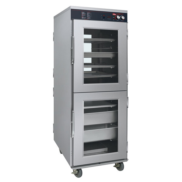A large stainless steel Hatco humidified holding cabinet with two glass doors.