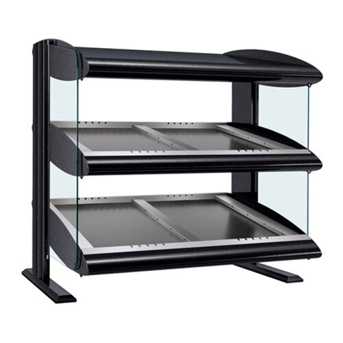 A black Hatco heated countertop display case with slanted glass shelves.