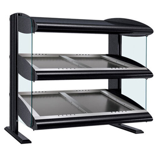 A black and silver Hatco countertop heated zone merchandiser with slanted shelves on a bakery counter.