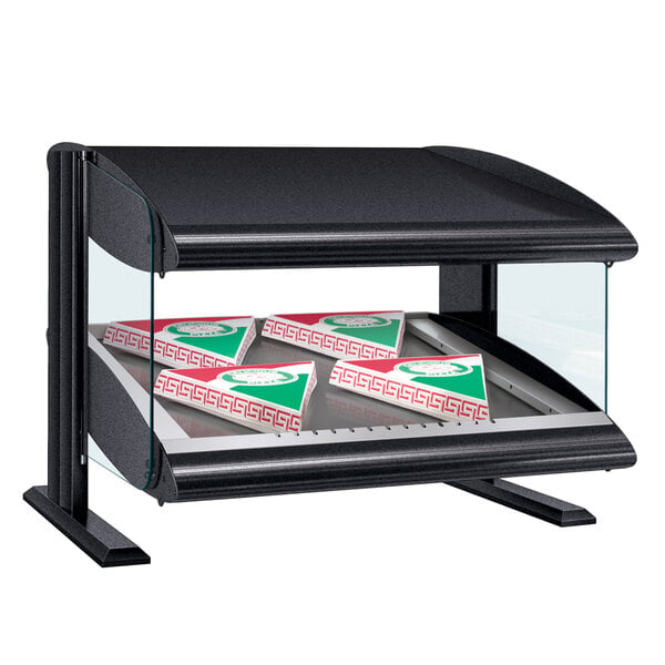 A black Hatco countertop heated zone merchandiser with pizza boxes inside.