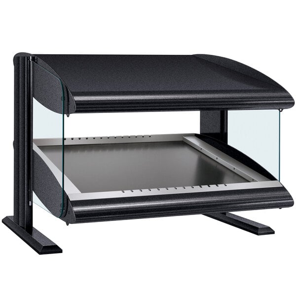 A black rectangular Hatco countertop heated zone merchandiser with a glass shelf.