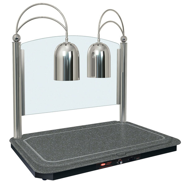 A stainless steel Hatco carving station with two lamps over a grey rectangular base.
