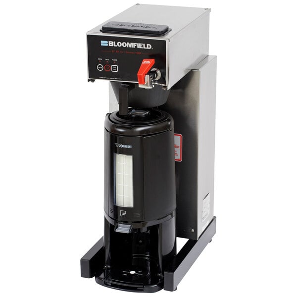 A Bloomfield automatic thermal coffee brewer with a black and silver base.