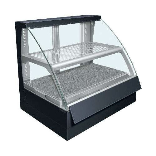 A black and white curved glass display case with shelves holding food.