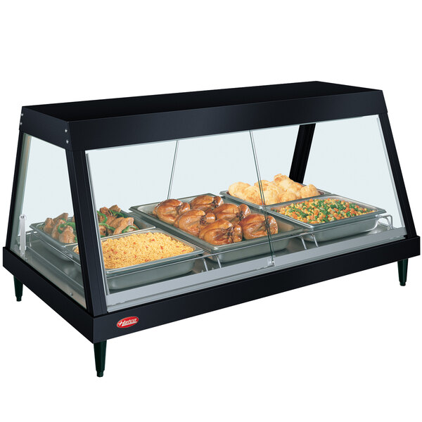 A Hatco Black Stainless Steel Glo-Ray countertop food warmer displaying food on a shelf.