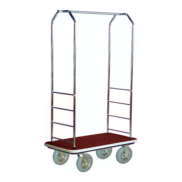 A silver CSL bellman's cart with gray metal accents and red carpet on the base and metal clothing rack.
