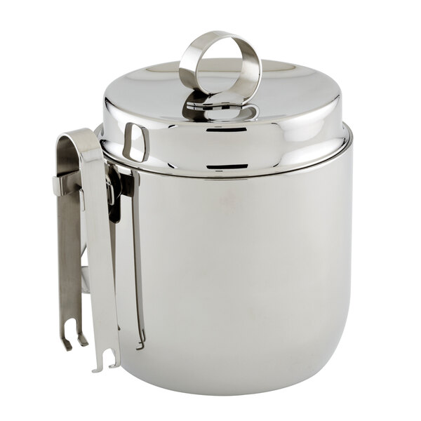 An American Metalcraft stainless steel ice bucket with a lid and tong.