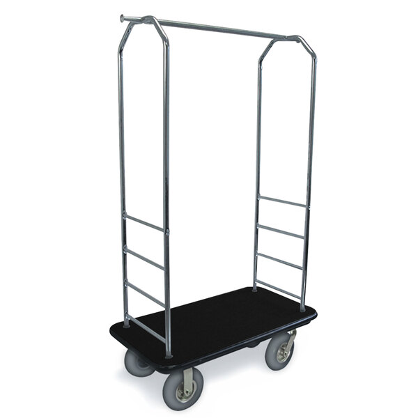 A CSL black and silver bellman's cart with black carpet and metal handles on wheels.