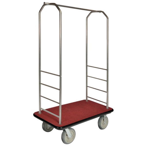 A black CSL Bellman's cart with a red carpet base and metal frame with metal bars on wheels.