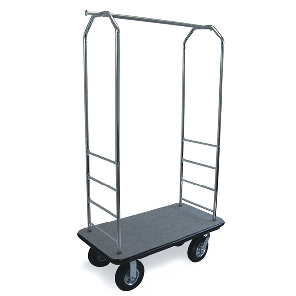 A CSL chrome finish Bellman's cart with black metal accents and black pneumatic wheels.