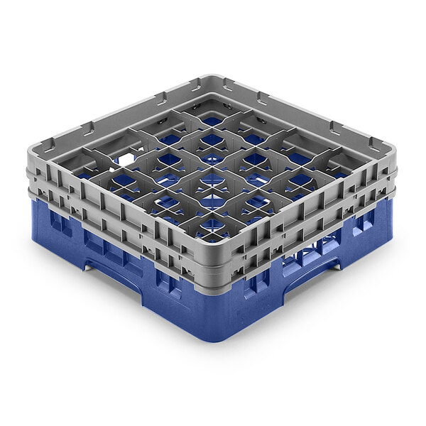 A blue and grey plastic Cambro glass rack with extenders on a white background.