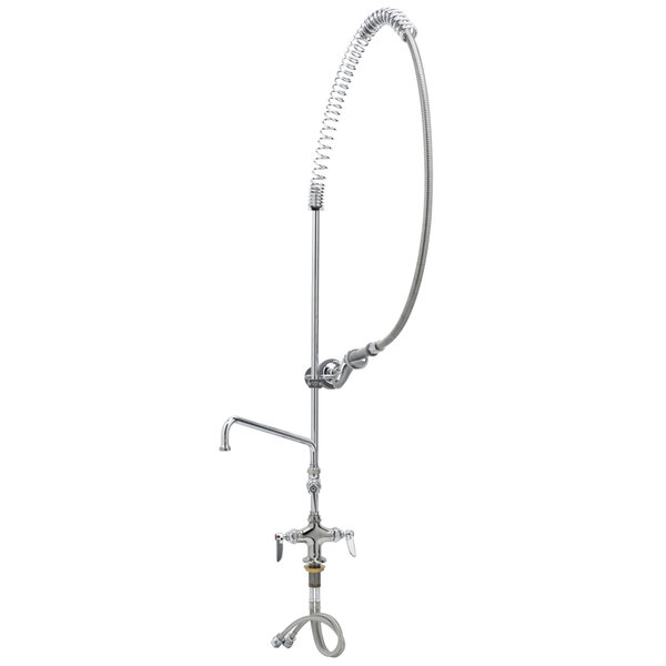 A T&S metal deck mounted pre-rinse faucet with a hose.