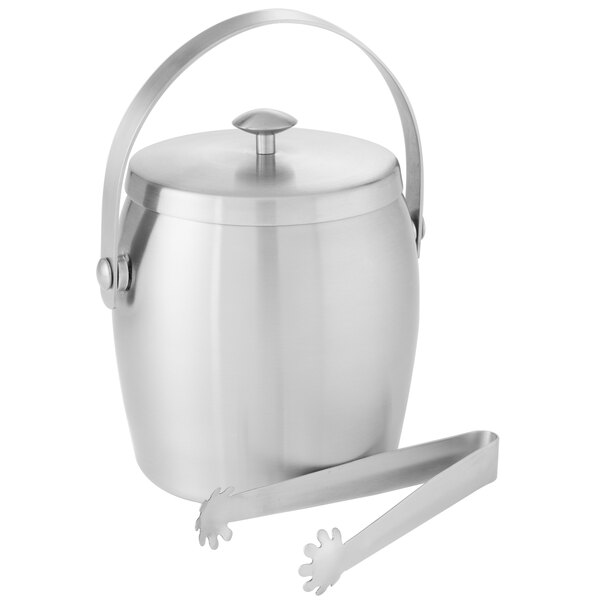 An American Metalcraft stainless steel ice bucket with lid and tongs.