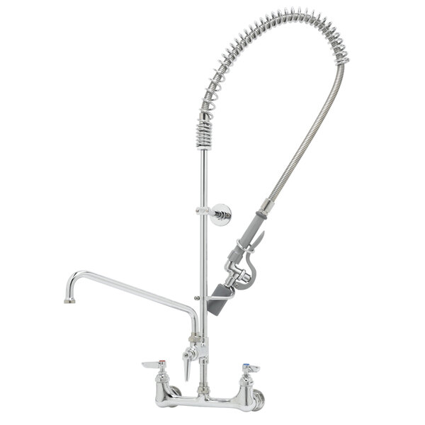 A silver T&S EasyInstall wall mounted pre-rinse faucet with hose and sprayer.