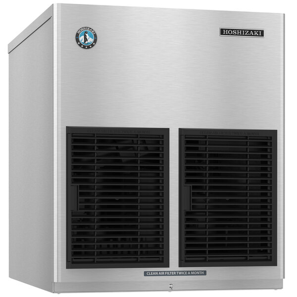 A stainless steel rectangular Hoshizaki air cooled ice machine with black vents.