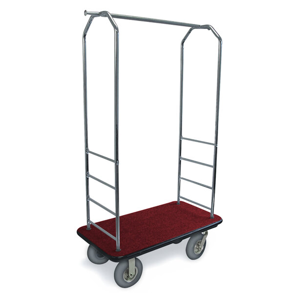A CSL chrome luggage cart with a red carpet base and black metal rails.