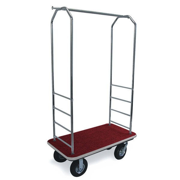 A CSL chrome luggage cart with red carpet on the bottom and gray bumpers, and black wheels.