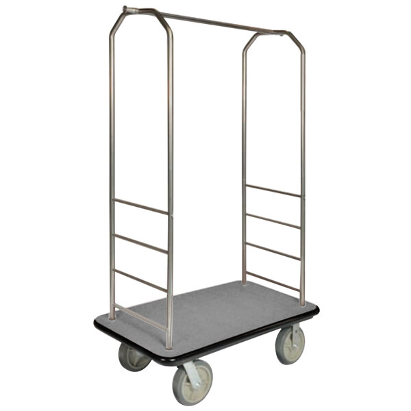 A CSL chrome bellman's cart with gray carpet and black metal accents.